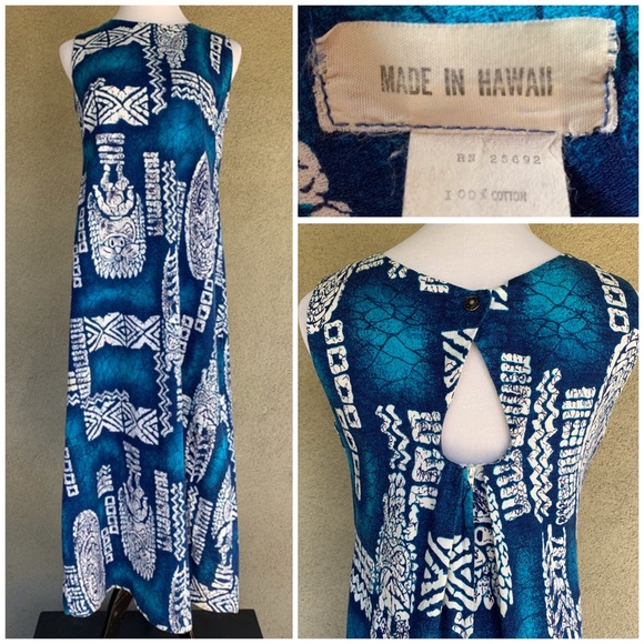 🌺 Vintage Hawaiian Barkcloth Dress & Shirt Set Tikis - Picture 4 of 16